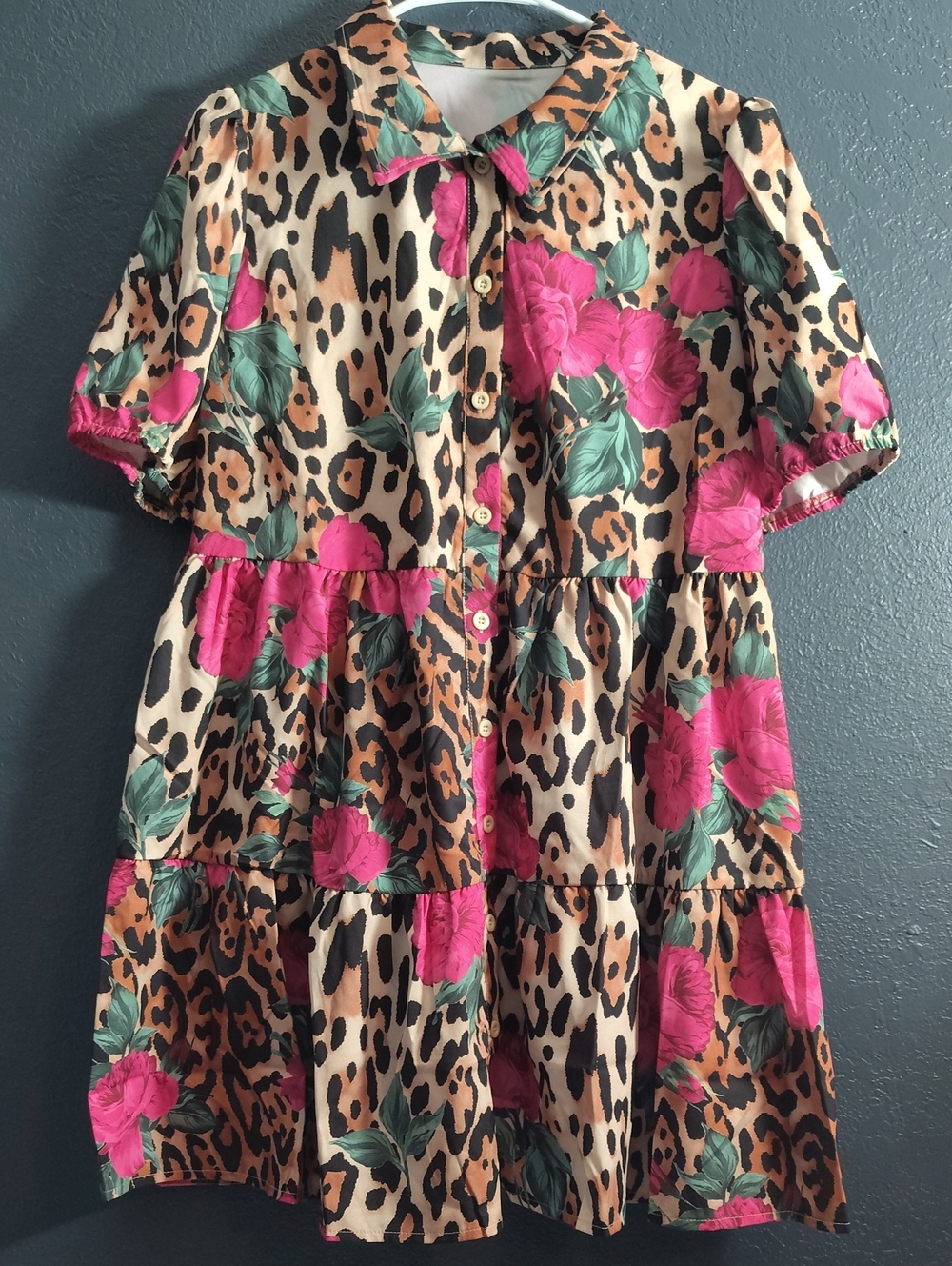 SHEIN Babydoll Pink Floral & Brown Leopard Tiered ButtonUp Mini Dress Size L